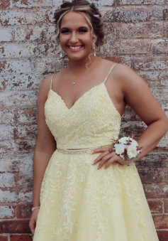 A Line Two Piece yellow long lace prom dress