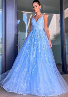 A-line V Neck Princess Lace Prom Dresses