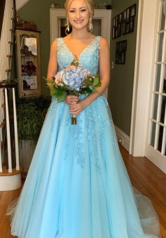 Mermaid A-line blue tulle and lace appliques prom dress