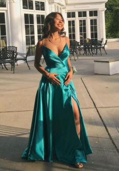 Spaghetti Straps A-line green satin long evening dress