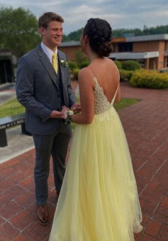 A Line V-Neck Backless Tulle Yellow Prom Dress