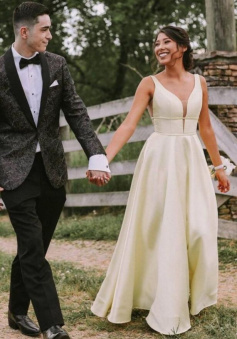 A-line yellow long Stain formal dress
