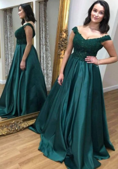 Charming v neck green long evening dress with lace appliques