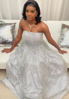 A Line Strapless Silver Long Prom Dress