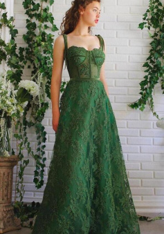 Sweetheart Dark Green A Line Lace Prom Dress With Pocket