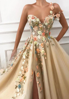 A Line One Shoulder 3D Floral Split Evening Dress