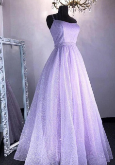 Spaghetti Straps Sparkly A-line Long Prom Dress With Lace Up Back
