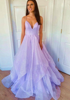 Spaghetti Straps Lavender Sparkly Tulle Prom Dress