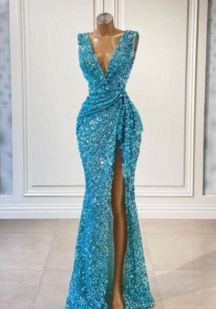 A Line V Neck Sequin Blue Evening Dresses for Women