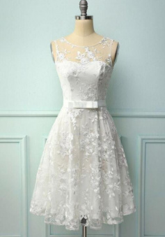 Cute White Lace Homecoming Dress with Bow