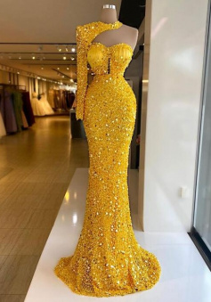 Mermaid yellow sequin long prom evening dress