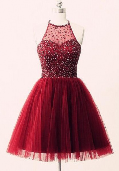 Halter Wine Red Tulle Short Prom Dresses