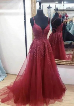 Mermaid Burgundy V Neck Tulle Cross Back Prom Dress With Slit