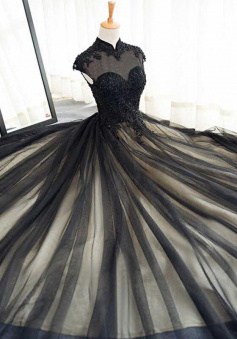 Mermaid Black tulle lace long prom dress