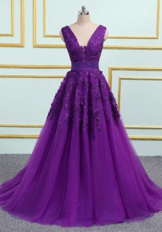 A Line V Neck Purple Tulle Lace Prom Dress