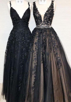 A Line V Neck Long Black Lace Prom Dress