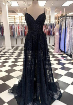 A Line V Neck Long Black Lace Prom Dress