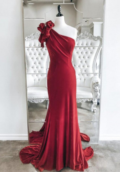 One Shoulder Red Mermaid Long Prom Dresses