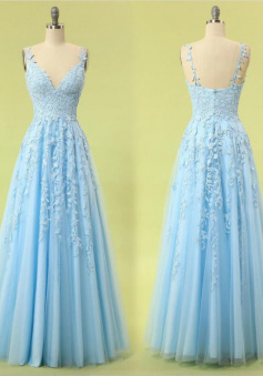 Floor Length Light Blue Tulle and Lace Prom Dress