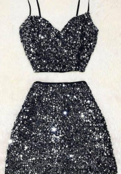 Two Piece Black Sequins Homecoming Dress