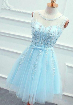 Round Neck Lace Blue Short Prom Dress