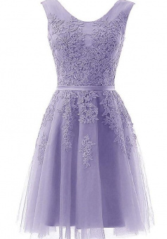 A Line Purple Short Tulle Round Neckline Homecoming Dress