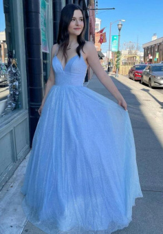 A-line Spaghetti Straps Lace Up Tulle Long Prom Dress