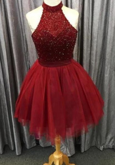 Halter Open Back Burgundy Beading Tulle Short Homecoming Dresses