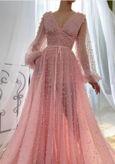 A-line Pink Long Sleeve Tulle Beads Prom Dress