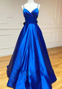 A Line Spaghetti Straps Royal Blue Prom Dress With Bowknot