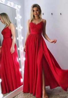 A-line Straps Slit Prom Dress With Lace Appliqued