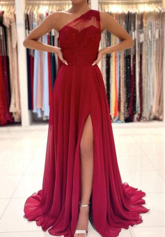 A Line One Shoulder Chiffon LaceProm Dress With Slit