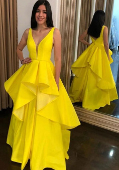 A Line V-neck Yellow Satin Long Prom Dress