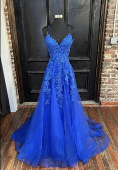 Spaghetti Straps Blue Tulle Prom Dress With Lace Appliques