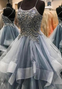 A Line Gray Organza Prom Dress With Beaded