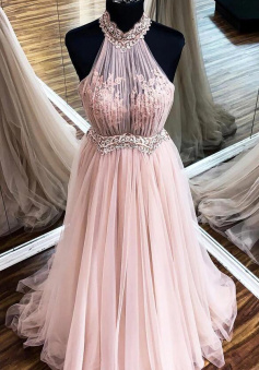 Halter Dusty Pink Tulle Prom Dress With Lace