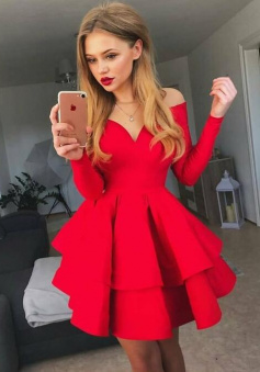 A-Line Long Sleeves Short Red Homecoming Dress