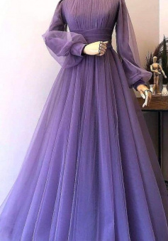 Simple purple Long Evening Prom Dresses with long sleeves