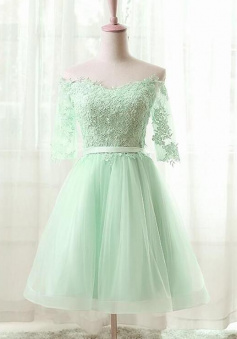 Mint Green 1/2 Sleeves Tulle Lace Homecoming Dress