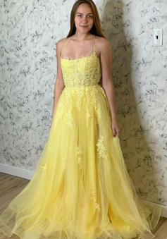 A-Line Yellow Tulle Lace Prom Dress