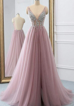 A Line Dusty Pink Tulle Long Prom Dress With Silver Beading