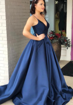 Navy Blue Spaghetti Straps Satin Prom Evening Dress