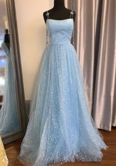 A Line Sky Blue Star Tulle Long Prom Dress