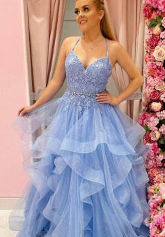 Floor Length Puffy Blue Shiny Tulle Lace Prom Dress