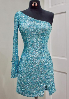 One Shoulder Sequin Tight Homecoming Dress with Side Slit