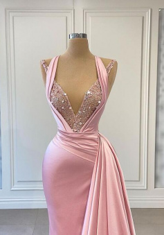 Mermaid V-Neck Pink Prom Dress With Beading