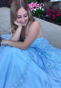 A Line Sky Blue Tulle Long Prom Dress With Appliques