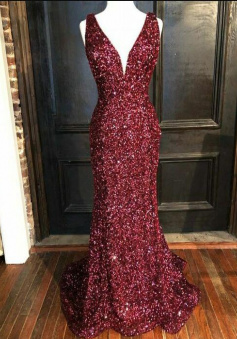 Simple burgunyd sequin Long Prom Gown