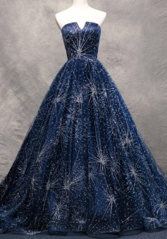 A-Line Navy Blue Strapless Sweep Train Organza Prom Dress