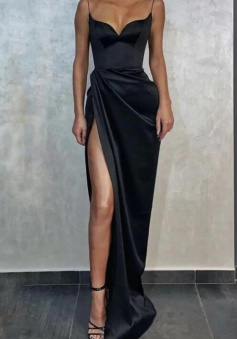 Spaghetti Straps Black Prom Dress With Split